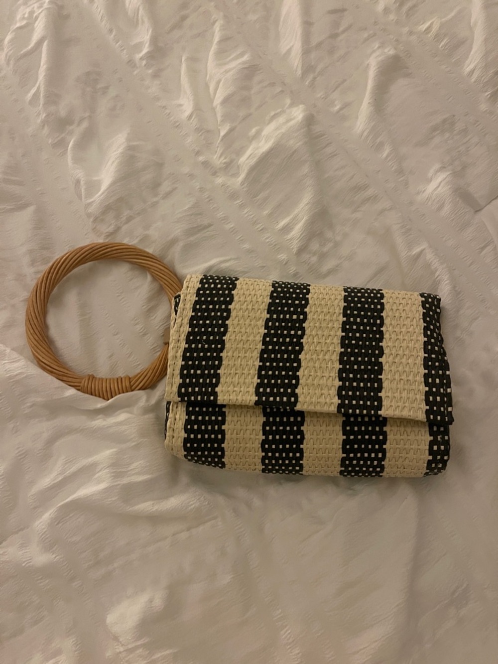 a new day Black and Cream Woven Clutch with Round Wooden Handle